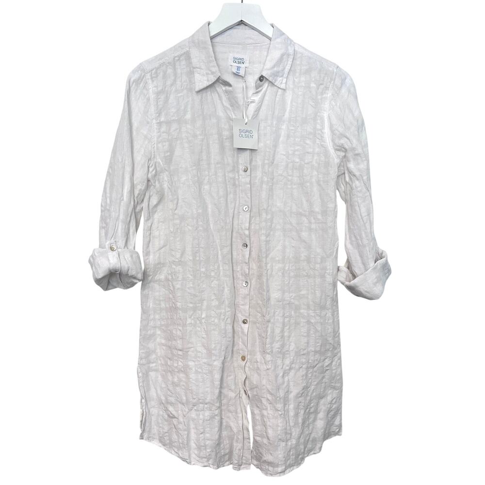 NEW Sigrid Olsen White Long Linen Blouse Button-Up Roll Tab Sleeve Shirt S